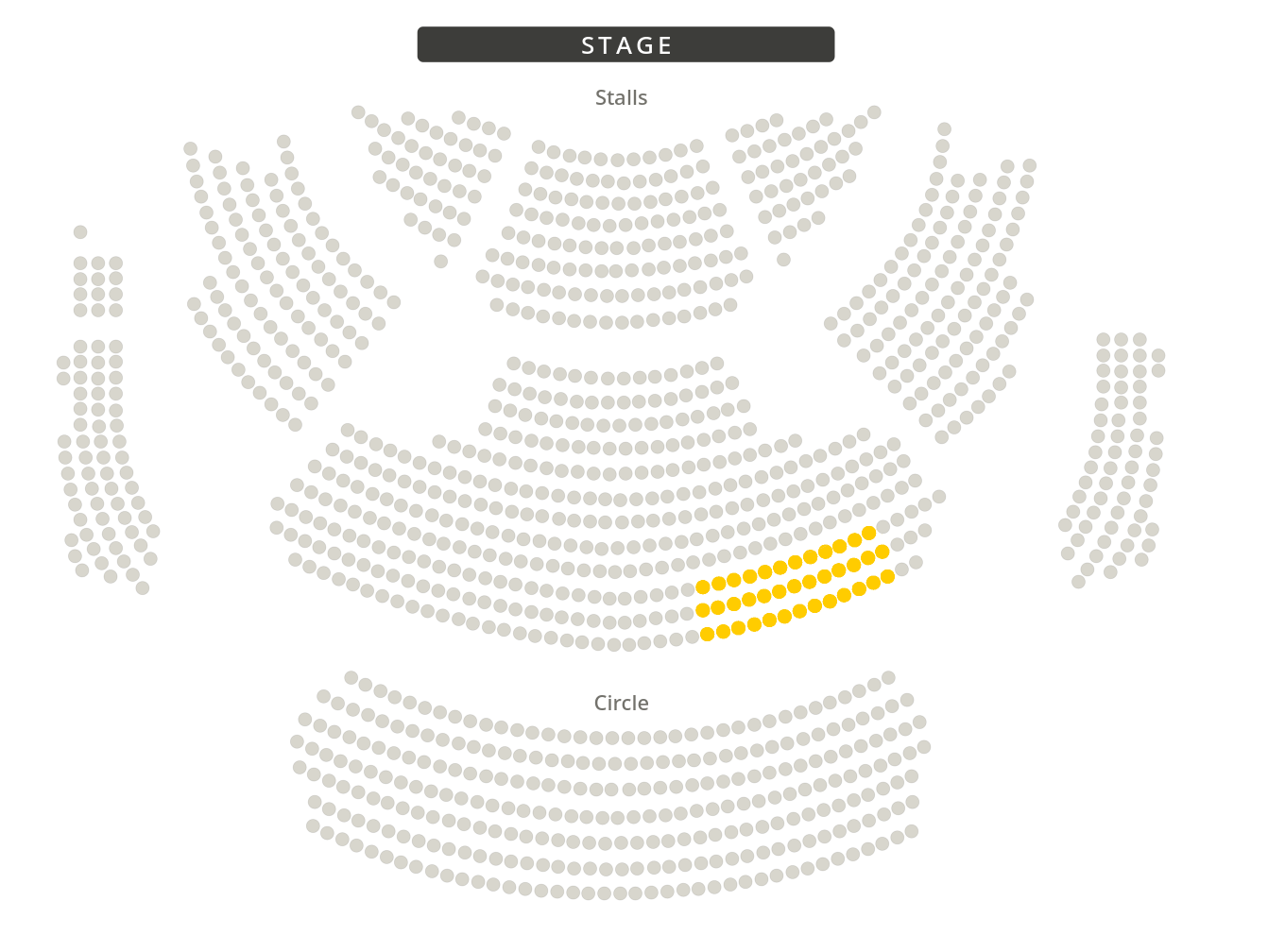 Theatre seating plan with the approximate reserved WPPS seats highlighted in gold.